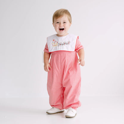Boys Red Gingham Shadow Embroidered Santa's Sleigh Long Romper