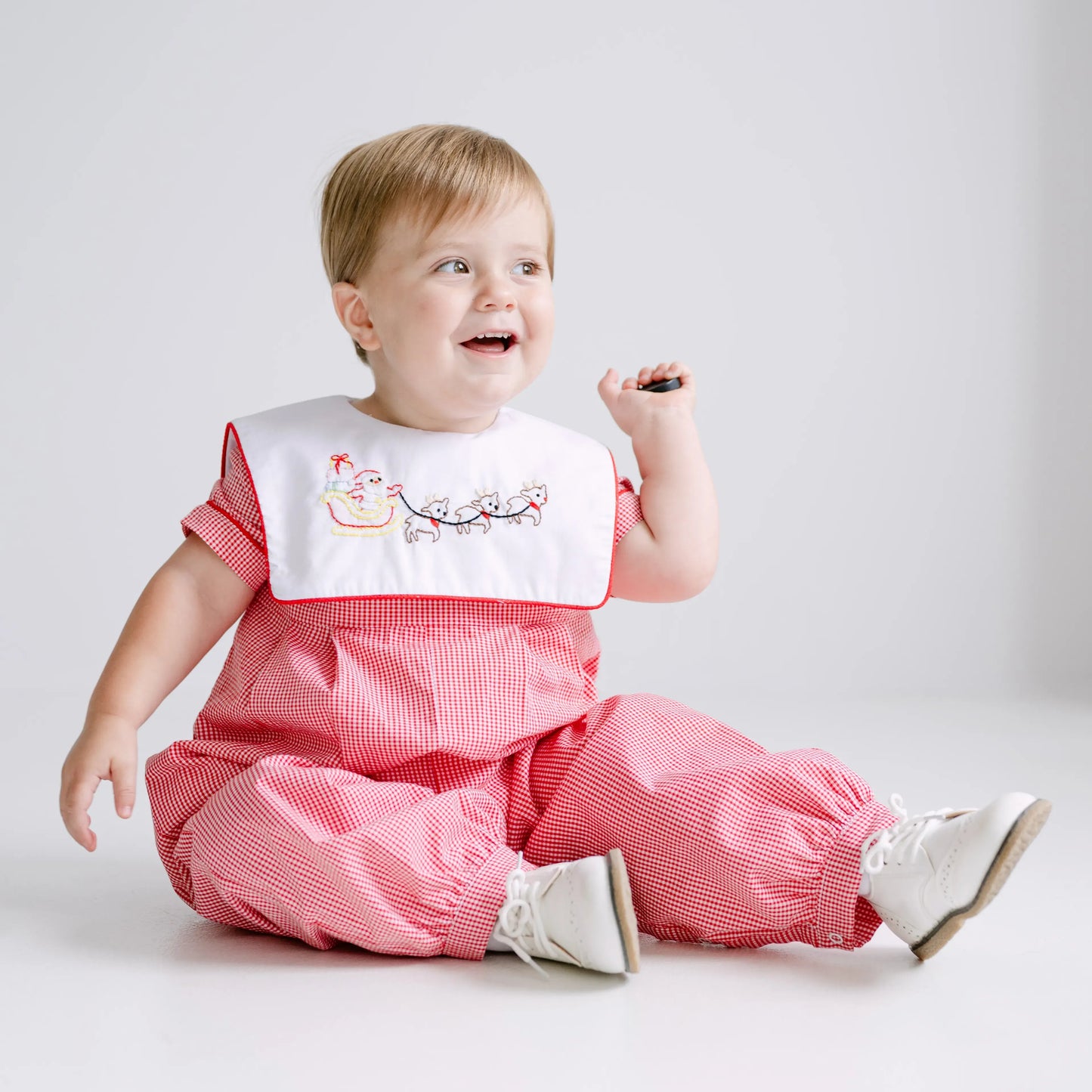 Boys Red Gingham Shadow Embroidered Santa's Sleigh Long Romper