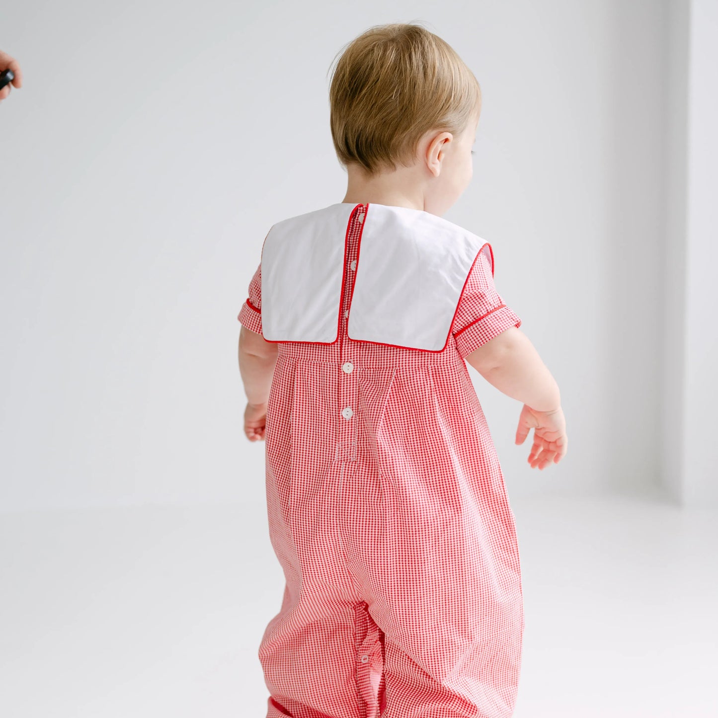 Boys Red Gingham Shadow Embroidered Santa's Sleigh Long Romper