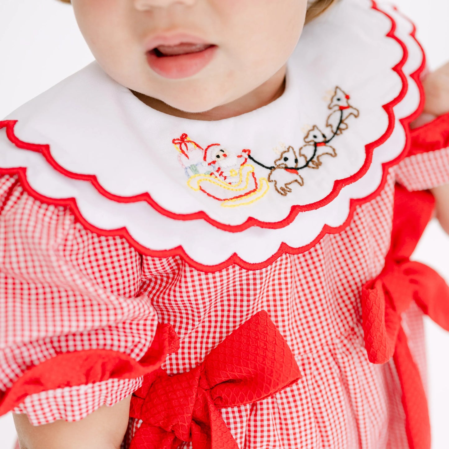 Girls Red Gingham Shadow Embroidered Santa's Sleigh Long Romper