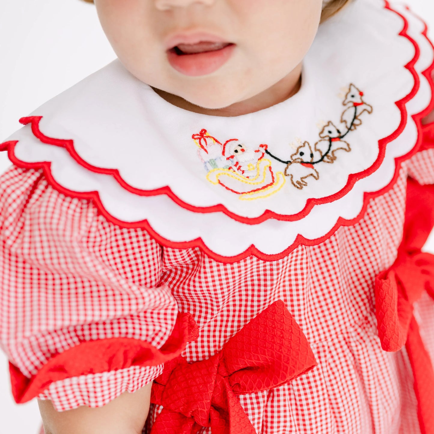 Girls Red Gingham Shadow Embroidered Santa's Sleigh Dress