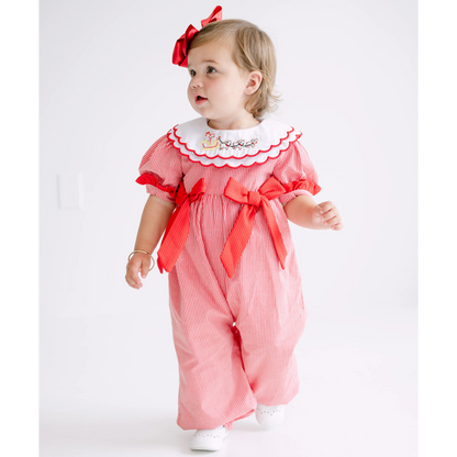 Girls Red Gingham Shadow Embroidered Santa's Sleigh Long Romper