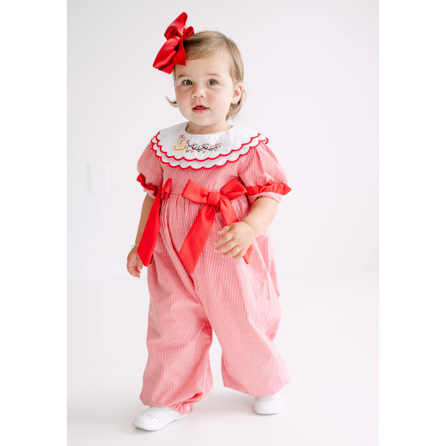 Girls Red Gingham Shadow Embroidered Santa's Sleigh Long Romper