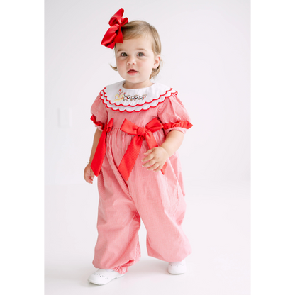 Girls Red Gingham Shadow Embroidered Santa's Sleigh Long Romper