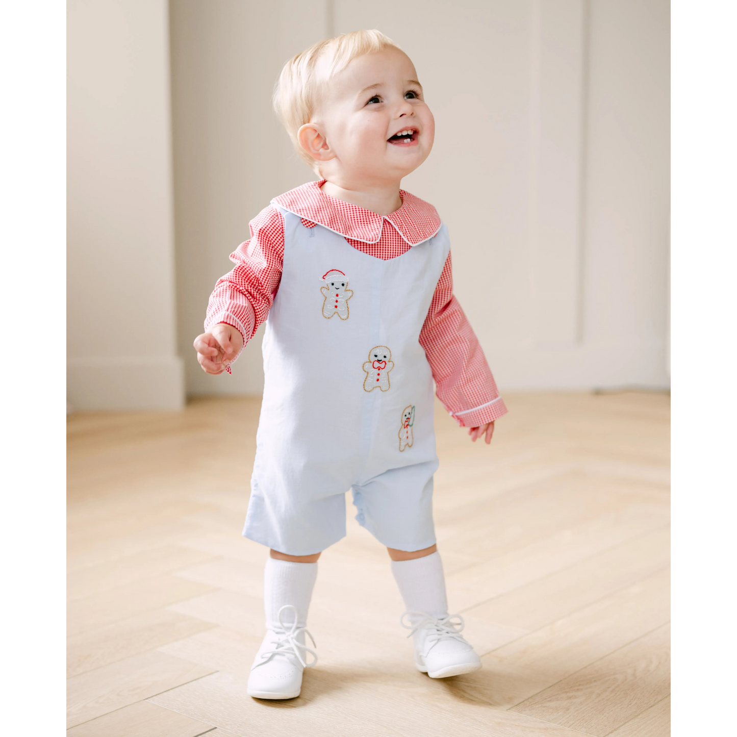 Boys Blue & Red Shadow Embroidered Gingerbread Men Jon Jon & Shirt