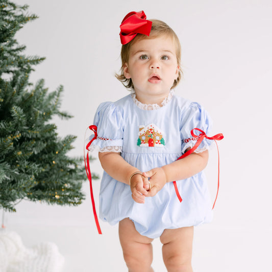 Girls Blue French Knot Gingerbread House Bubble
