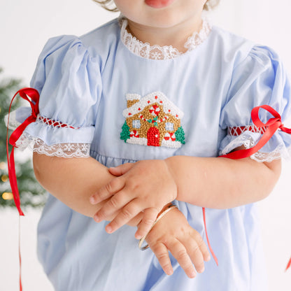 Blue French Knot Gingerbread House Dress