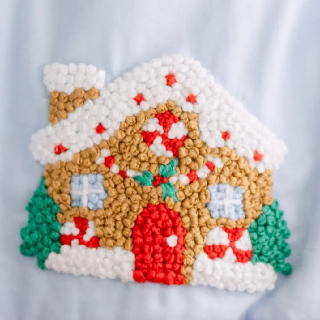 Boys Blue French Knot Gingerbread House Bib Bubble