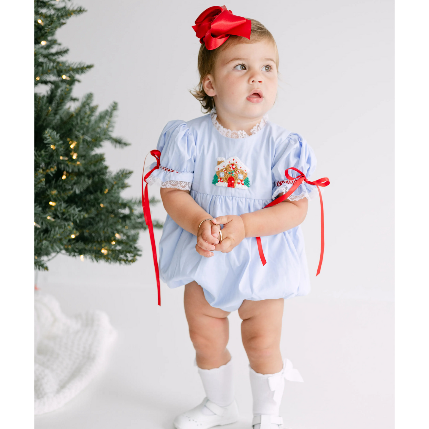 Girls Blue French Knot Gingerbread House Bubble