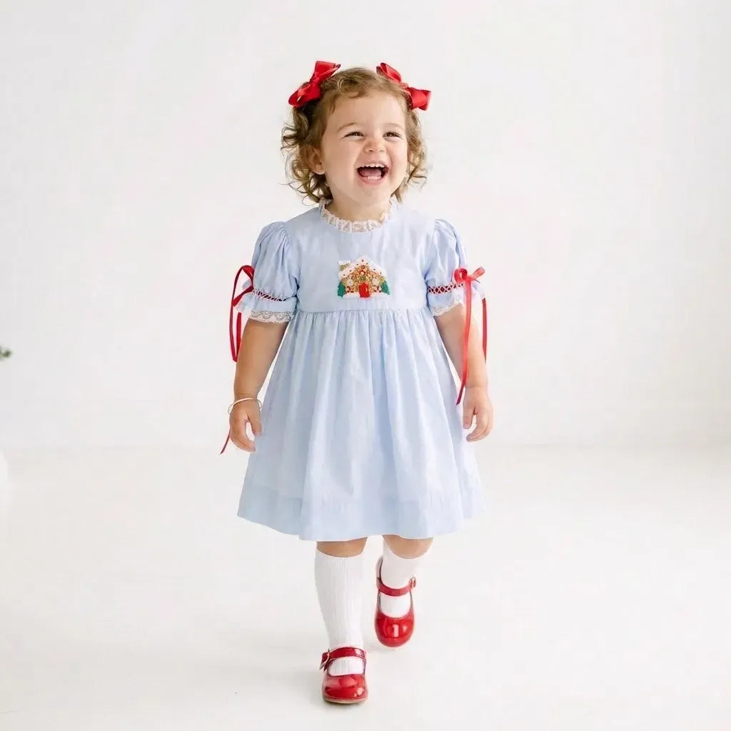 Blue French Knot Gingerbread House Dress