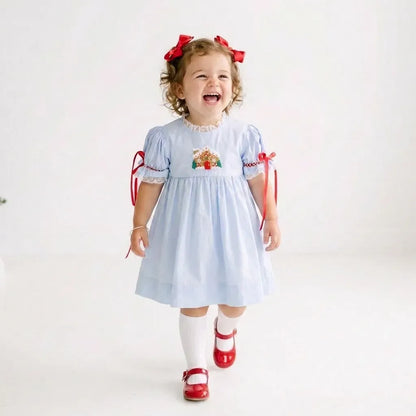 Blue French Knot Gingerbread House Dress