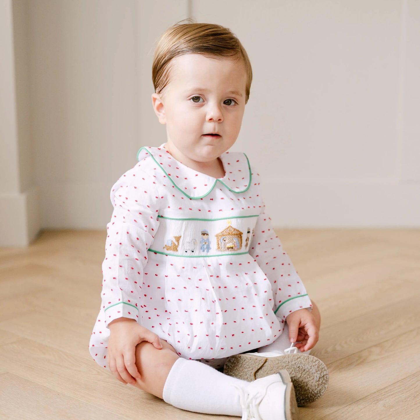 Boys Swiss Dot Smocked Nativity Bubble