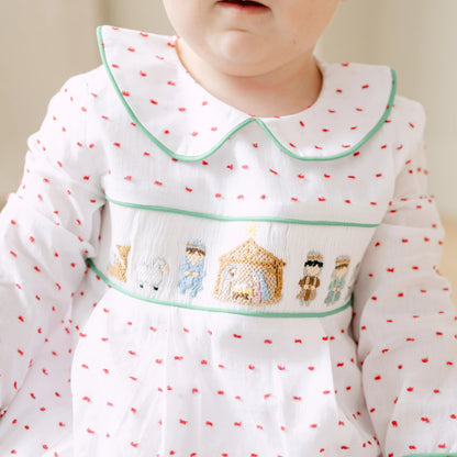 Boys Swiss Dot Smocked Nativity Bubble