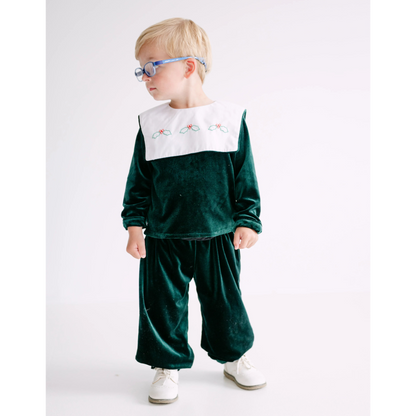 Boys Green Velvet Holly Bib Collar Pant Set