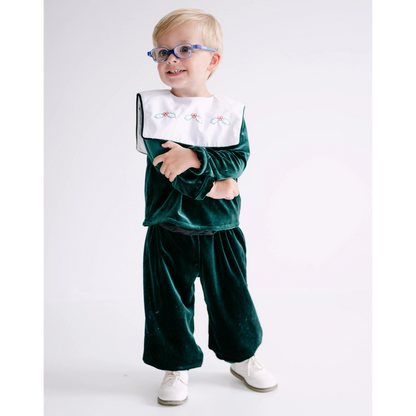 Boys Green Velvet Holly Bib Collar Pant Set