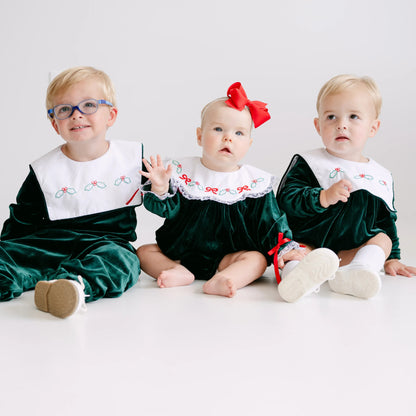 Girls Green Velvet Holly & Bows Collared Bubble