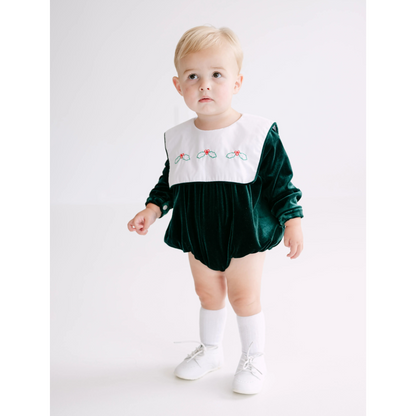 Boys Green Velvet Holly Bib Collar Bubble