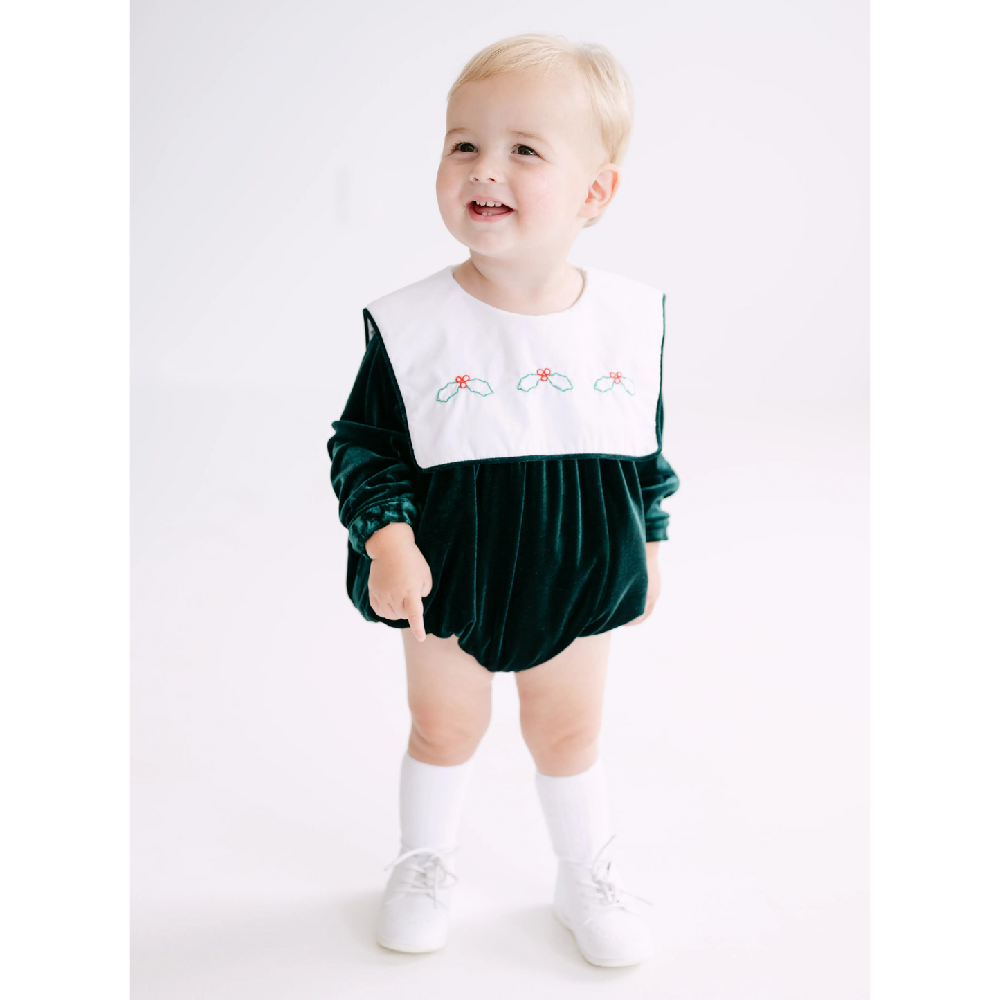 Boys Green Velvet Holly Bib Collar Bubble
