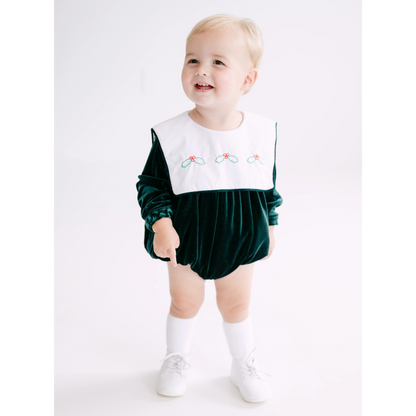 Boys Green Velvet Holly Bib Collar Bubble