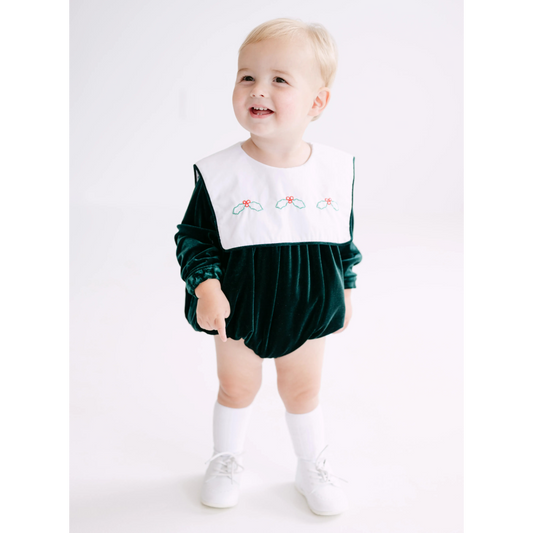 Boys Green Velvet Holly Bib Collar Bubble