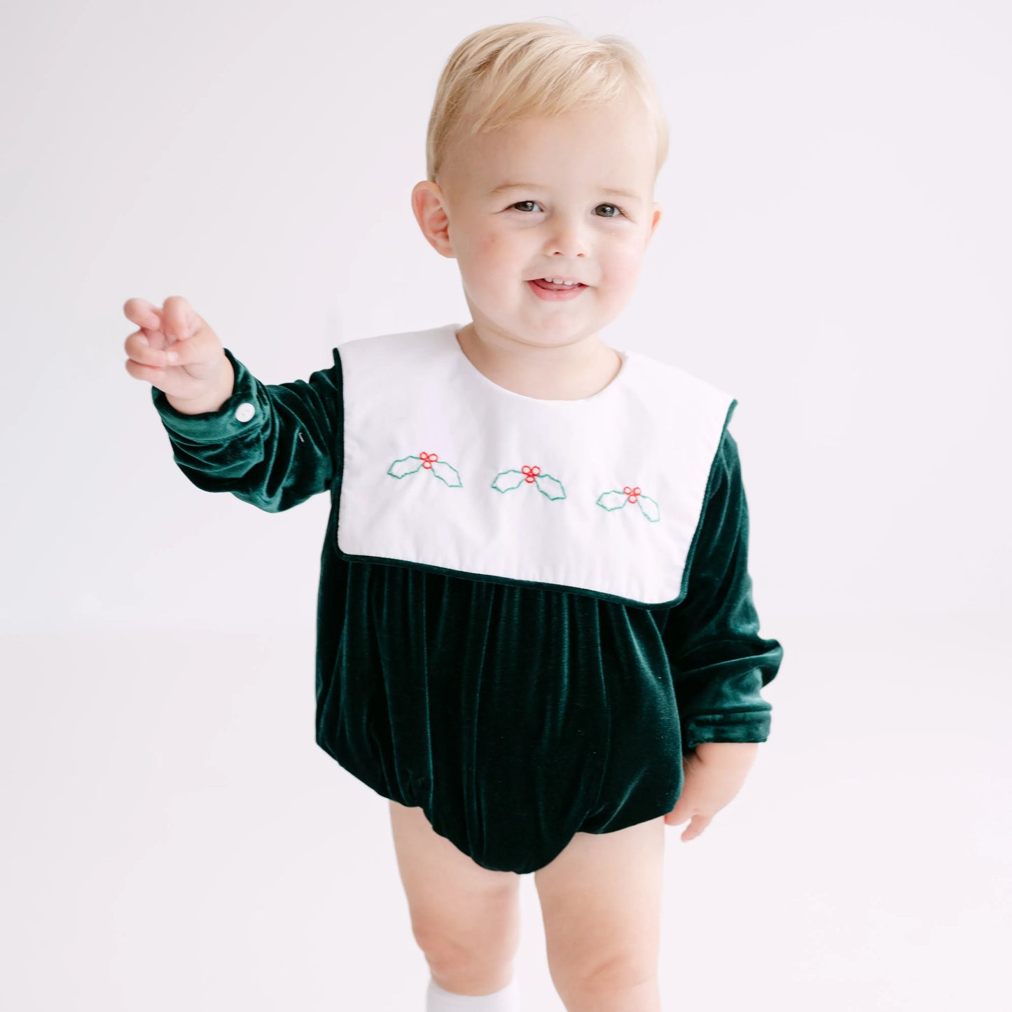 Boys Green Velvet Holly Bib Collar Bubble