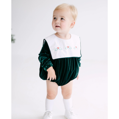 Boys Green Velvet Holly Bib Collar Bubble
