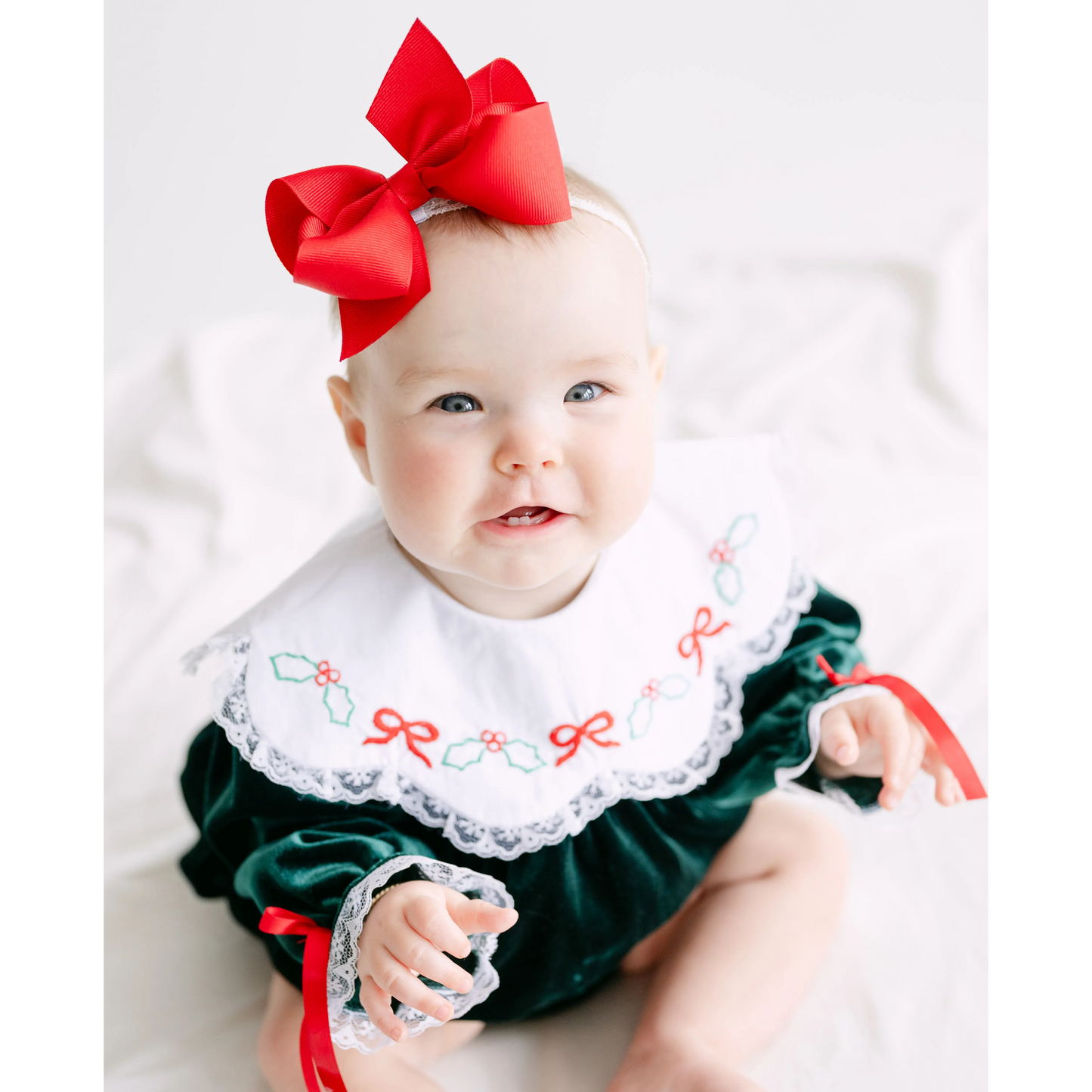 Girls Green Velvet Holly & Bows Collared Bubble
