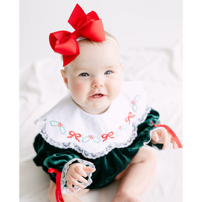 Girls Green Velvet Holly & Bows Collared Bubble