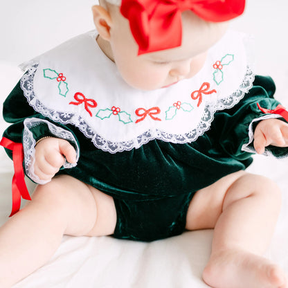 Girls Green Velvet Holly & Bows Collared Bubble