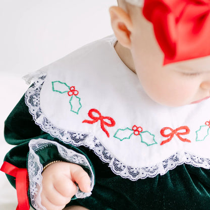 Girls Green Velvet Holly & Bows Collared Dress