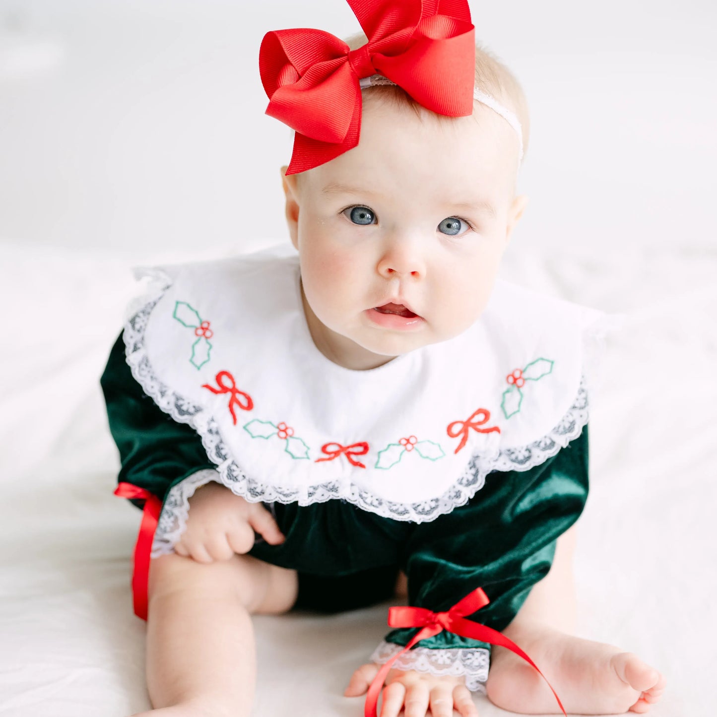 Girls Green Velvet Holly & Bows Collared Bubble