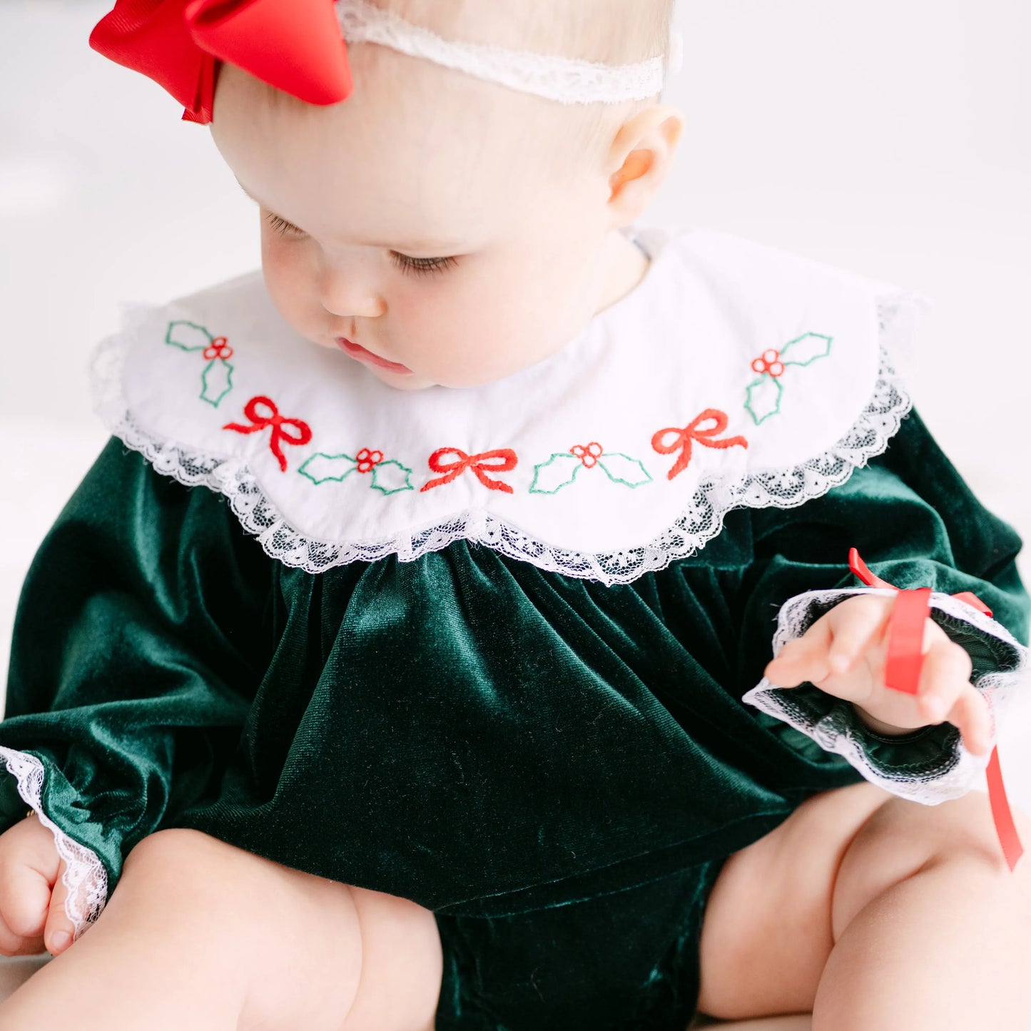 Girls Green Velvet Holly & Bows Collared Bubble