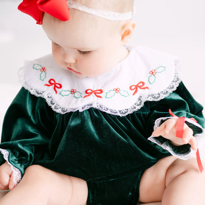 Girls Green Velvet Holly & Bows Collared Bubble