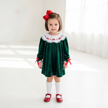 Girls Green Velvet Holly & Bows Collared Dress