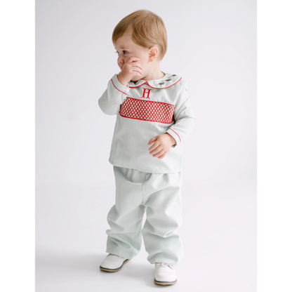 Boys Green & Red Berries Collared Pant Set