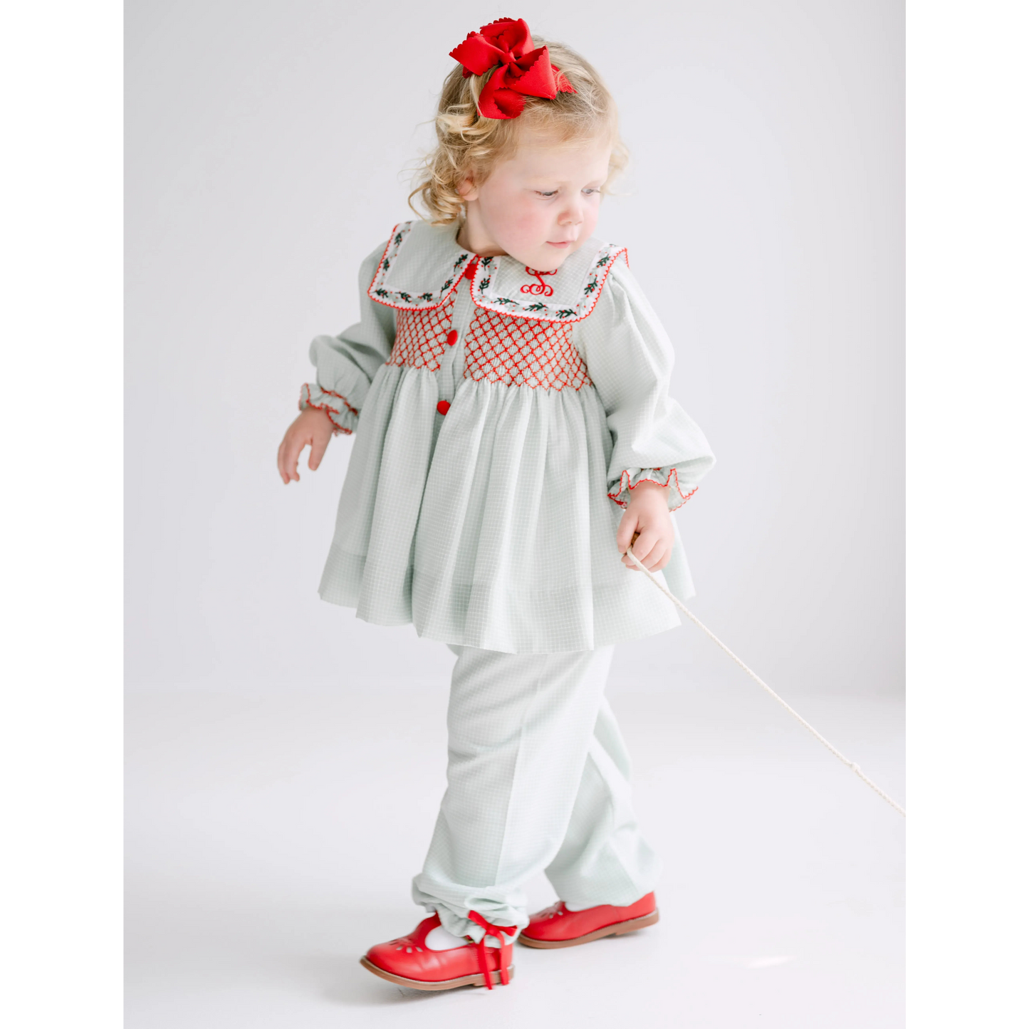 Girls Green & Red Berries Collared Pant Set