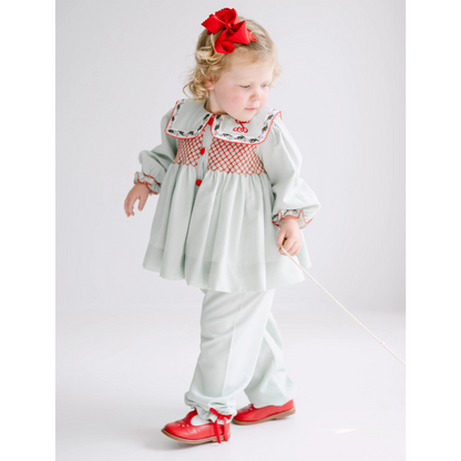 Girls Green & Red Berries Collared Pant Set