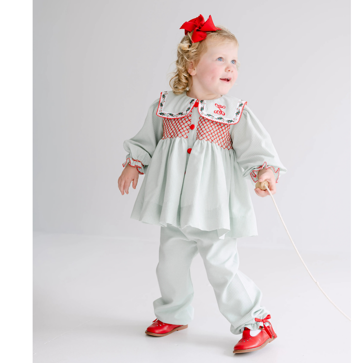 Girls Green & Red Berries Collared Pant Set