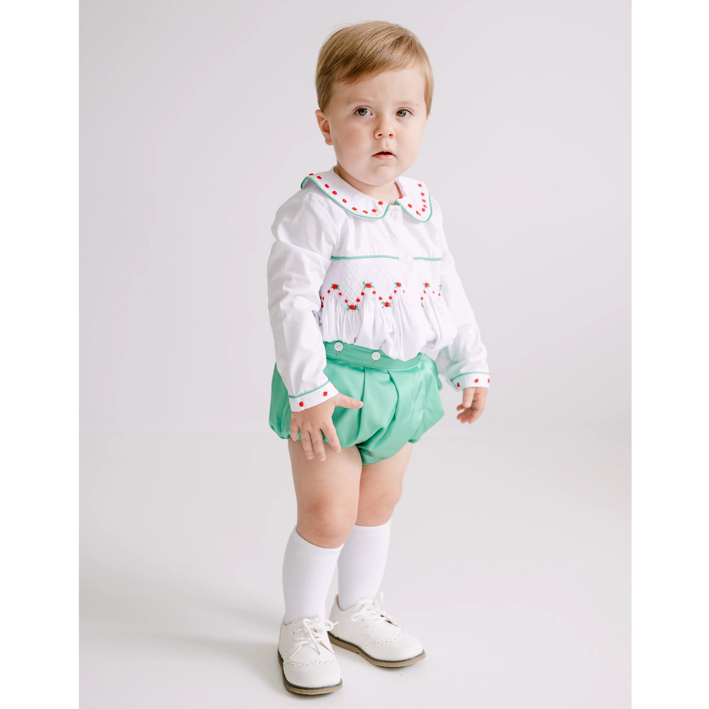 Boys Green Satin Rosette Smocked Button On Bubble