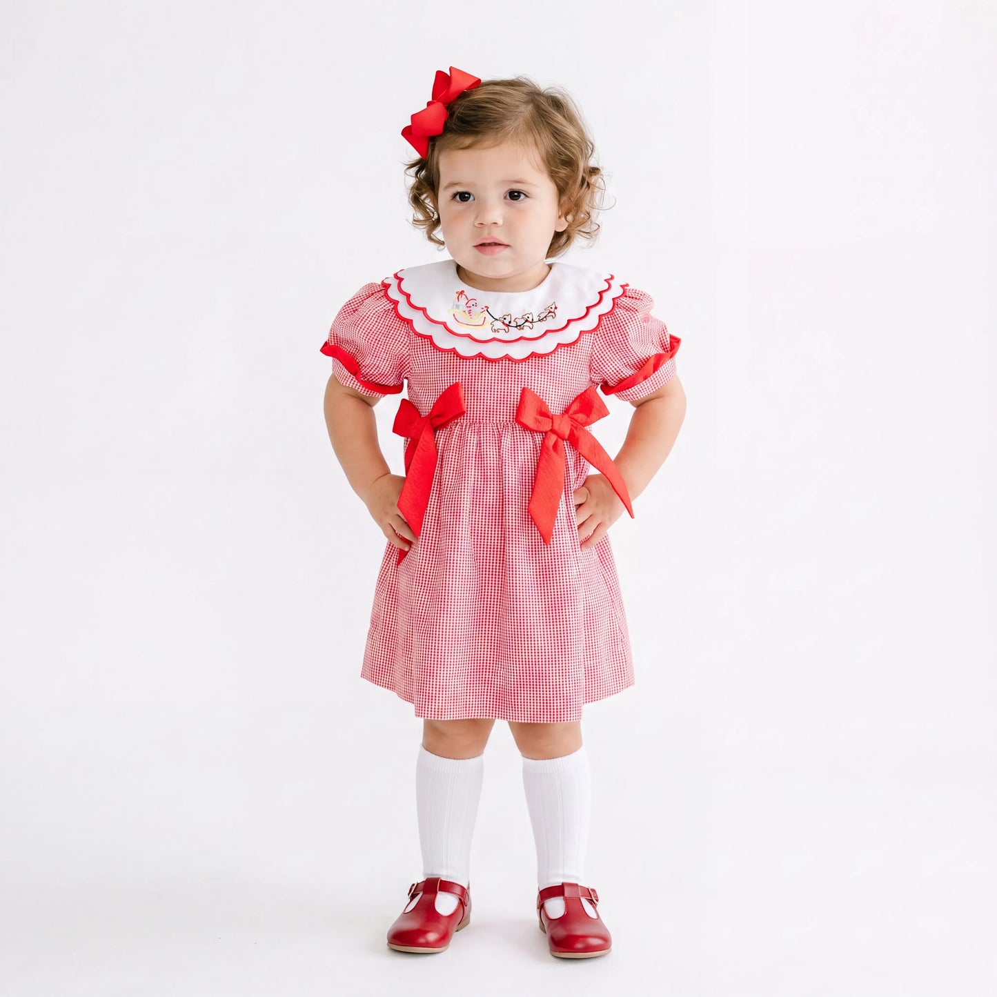 Girls Red Gingham Shadow Embroidered Santa's Sleigh Dress