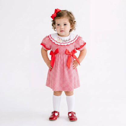 Girls Red Gingham Shadow Embroidered Santa's Sleigh Dress