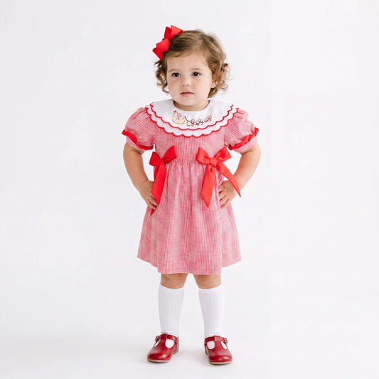 Girls Red Gingham Shadow Embroidered Santa's Sleigh Dress