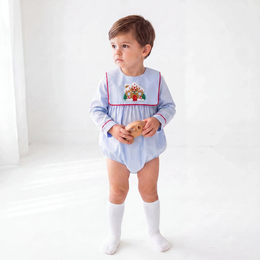Boys Blue French Knot Gingerbread House Bib Bubble