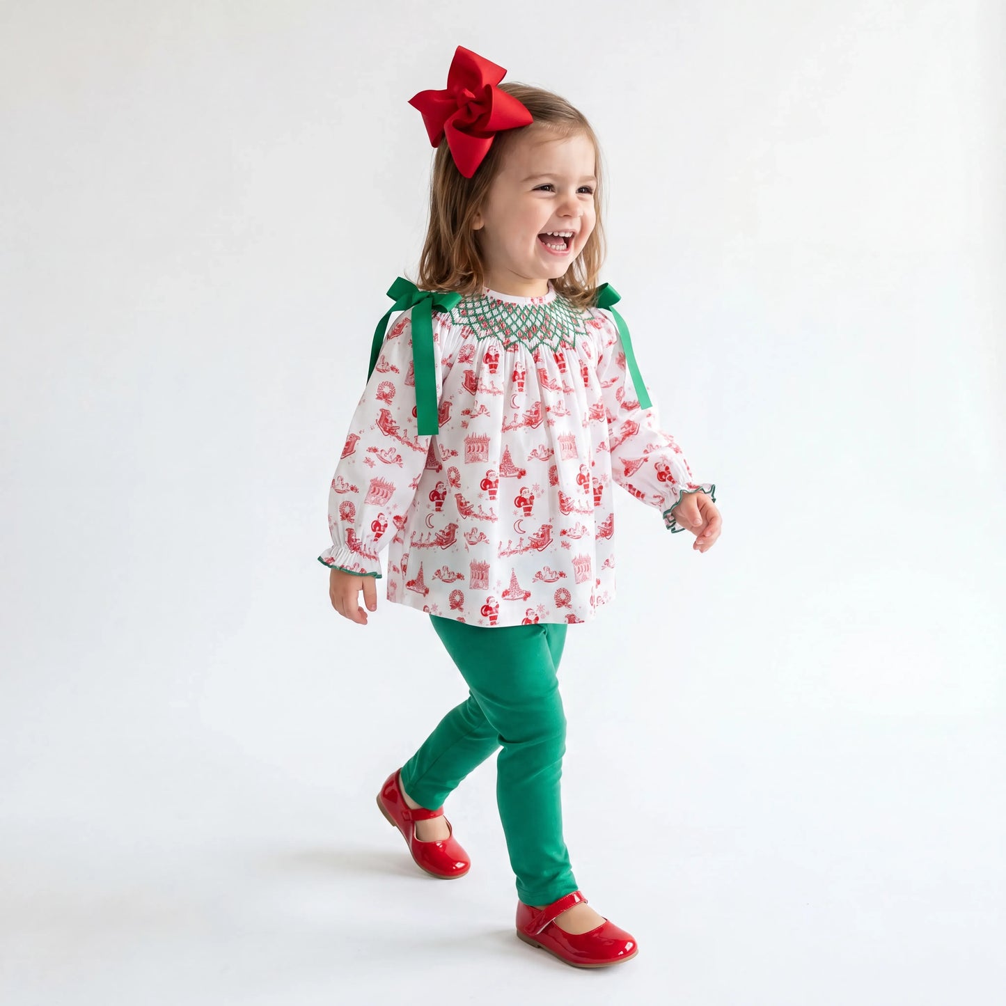 Girls Santa Toile Geometric Smocked Legging Set