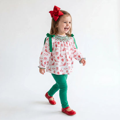 Girls Santa Toile Geometric Smocked Legging Set