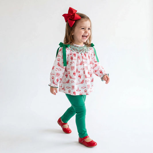 Girls Santa Toile Geometric Smocked Legging Set