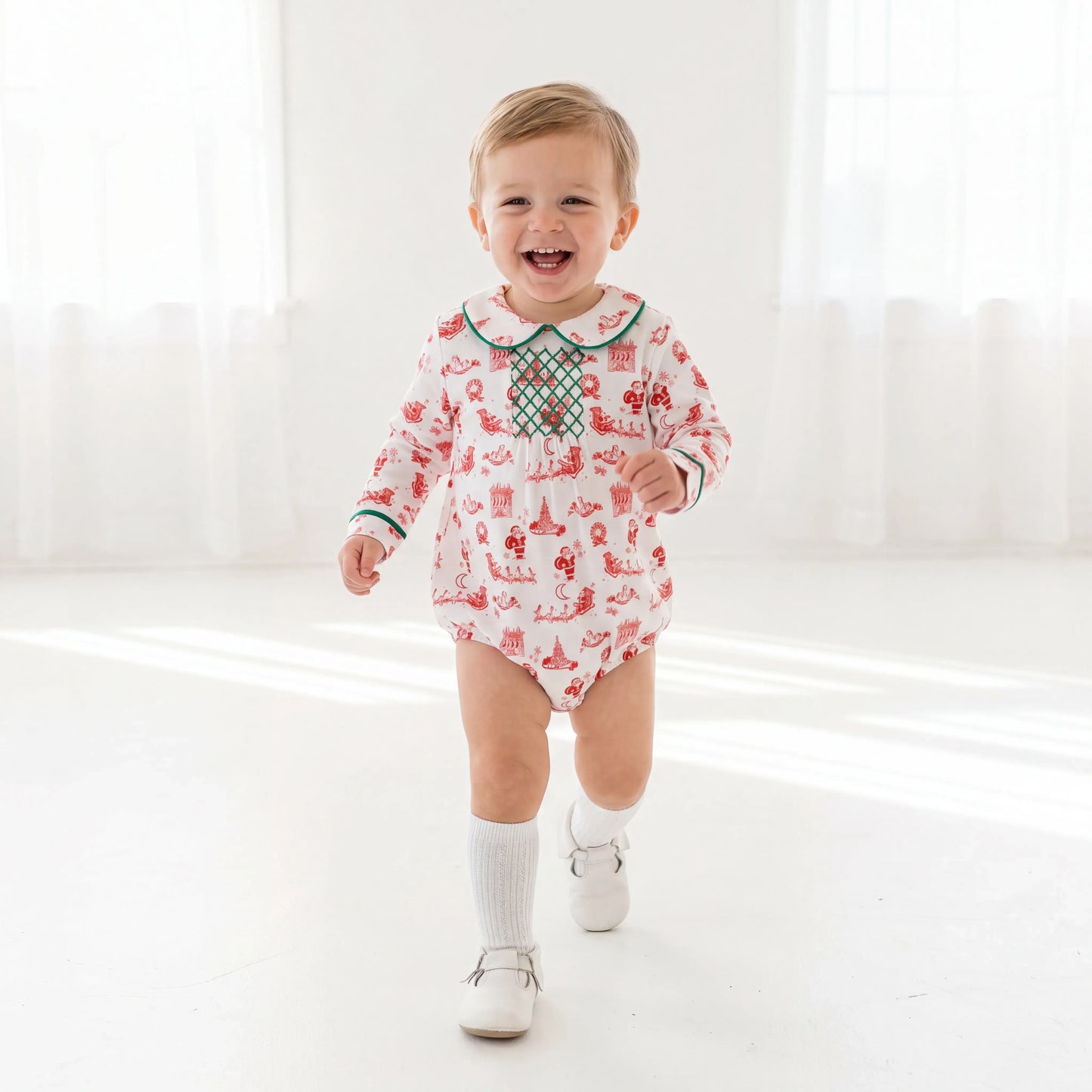 Boys Santa Toile Geometric Smocked Bubble
