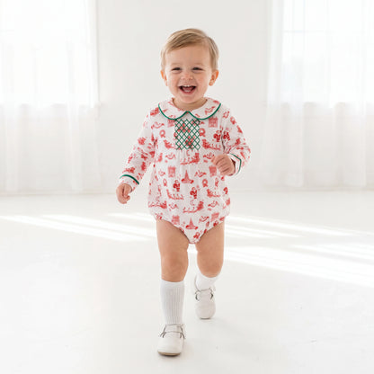 Boys Santa Toile Geometric Smocked Bubble