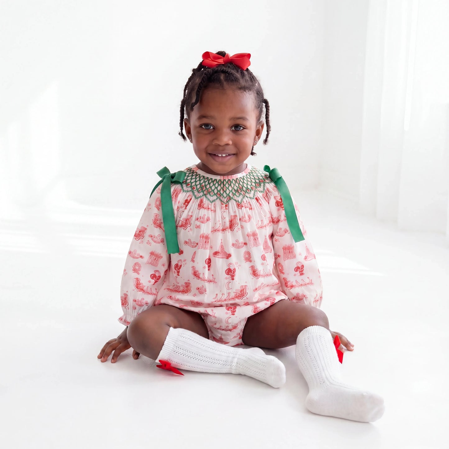 Girls Santa Toile Geometric Smocked Bubble