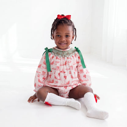 Girls Santa Toile Geometric Smocked Bubble